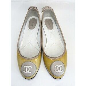 Chanel Ballet Flats Yellow Patent Leather w/ Large CC Logo Y2K Sz EU 34.5 4.5